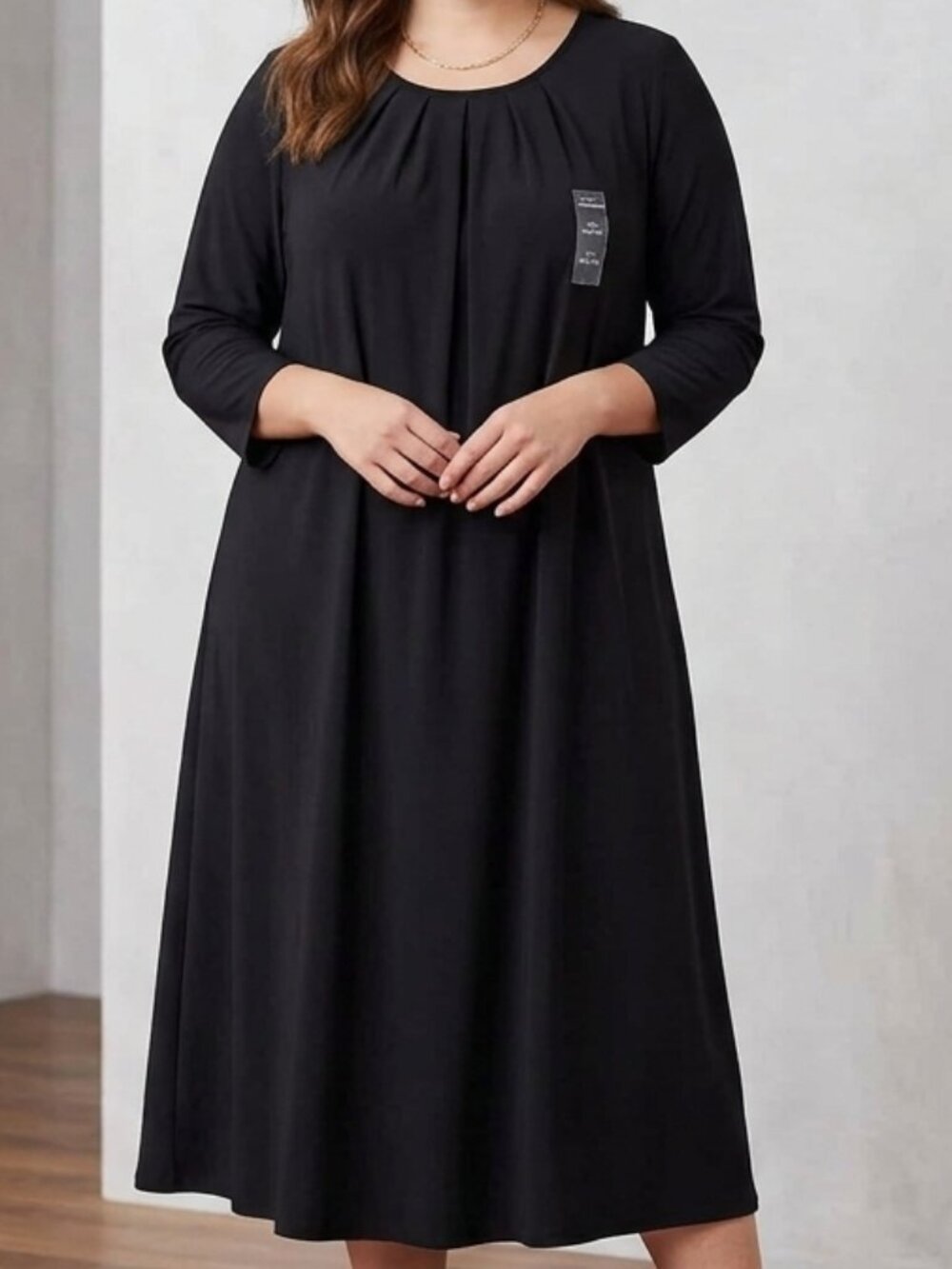 NWT Lane Bryant Black Pleated Scoop Neck 3/4 Sleeve Shift Dress Size 14/16